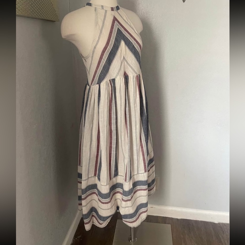 Listicle Chevron Striped Midi Dress in Cream, Blue, and Red